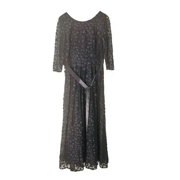 Tahari Floral Appliqué Sequin Three Quarter Sleeve Maxi Dress Size 12 Navy - Picture 2 of 9